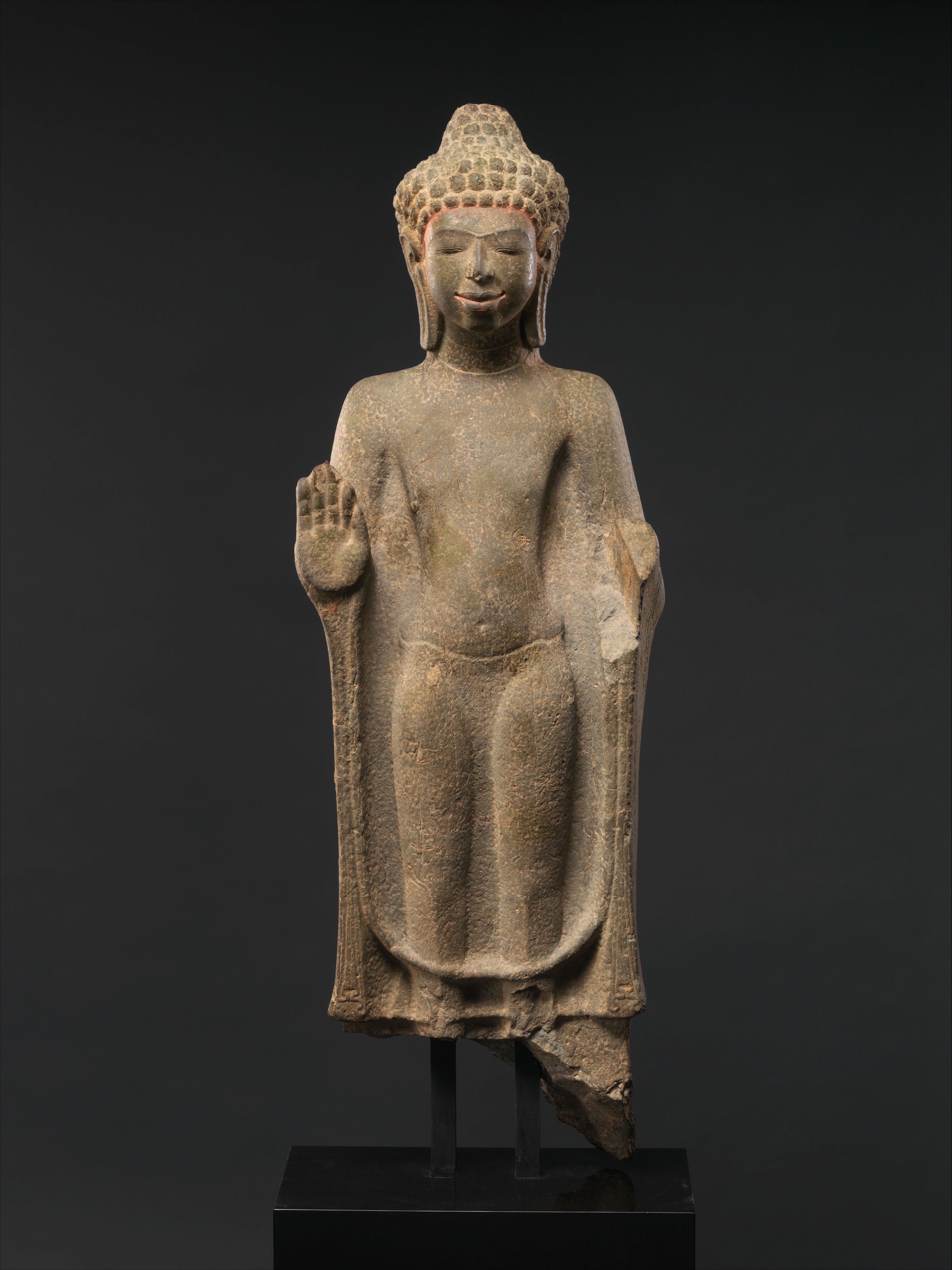 Standing Buddha, 7th8th century Thailand, Mon-Dvaravati period Stone with traces of color; H. 32 1/8 in. (81.6 cm); W. 11 in. (27.9 cm); D. 6 in. (15.2 cm) The Metropolitan Museum of Art, New York, Rogers Fund, 1982 (1982.220.6) http://www.metmuseum.org/Collections/search-the-collections/38165
